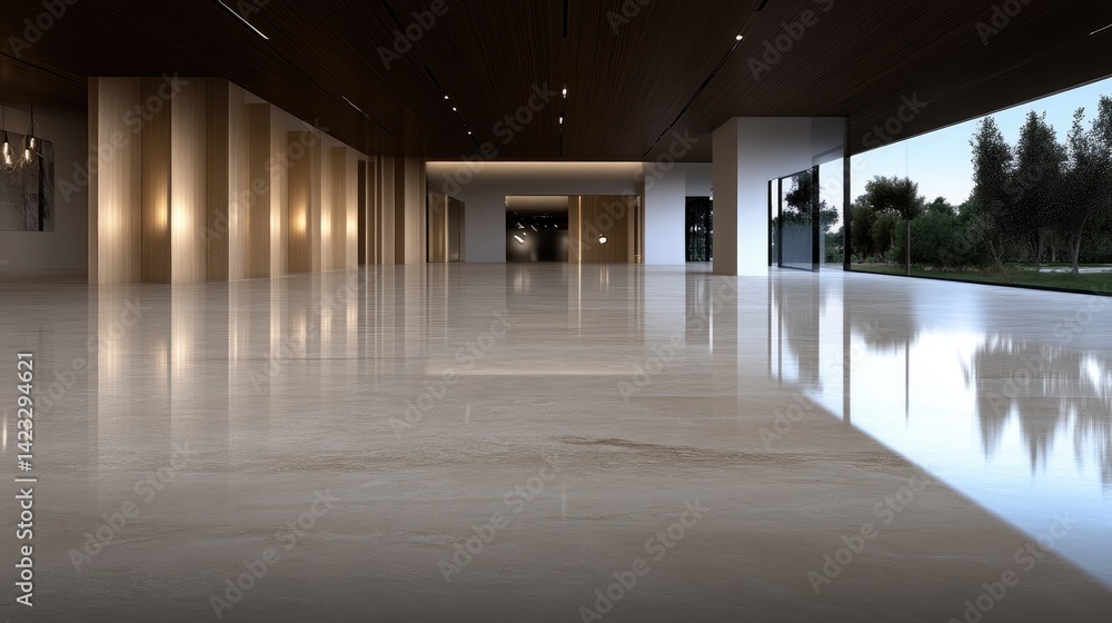 Spacious modern hall with polished stone floor. Large open area with elegant design elements, reflecting the exterior Spacious modern hall with polished stone floor. Large open area with elegant design elements, reflecting the exterior