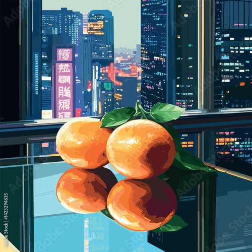 Vibrant oranges against futuristic cityscape reflections at night