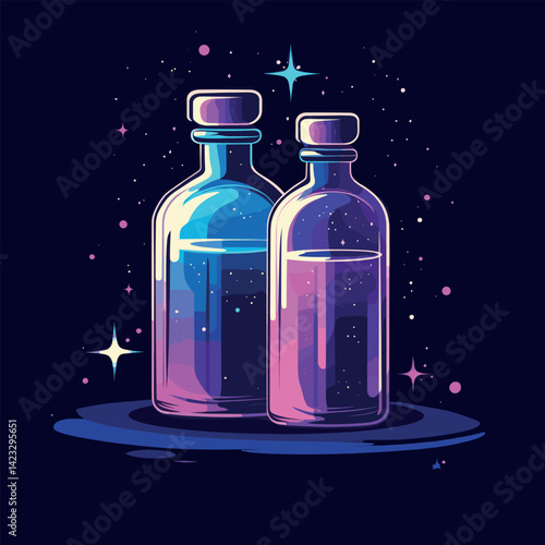 Colorful fantasy potion bottles with sparkling starry background