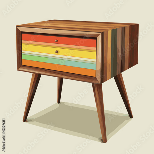 Colorful retro wooden nightstand with three drawers on angled legs