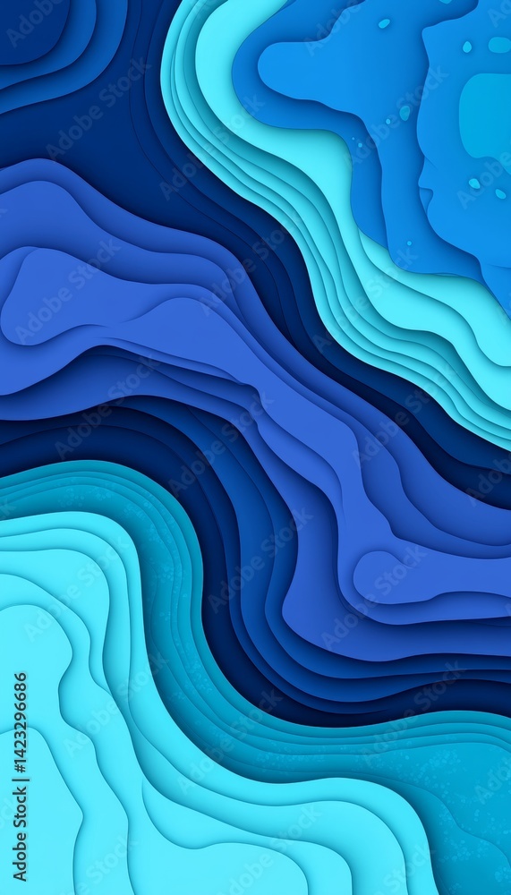 Fototapeta premium Abstract 3D Paper Cut Waves in Blue and Mint Tones, Fluid Wavy Background, Corporate Design.