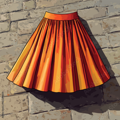 Orange skirt hanging on stone wall in sunlight