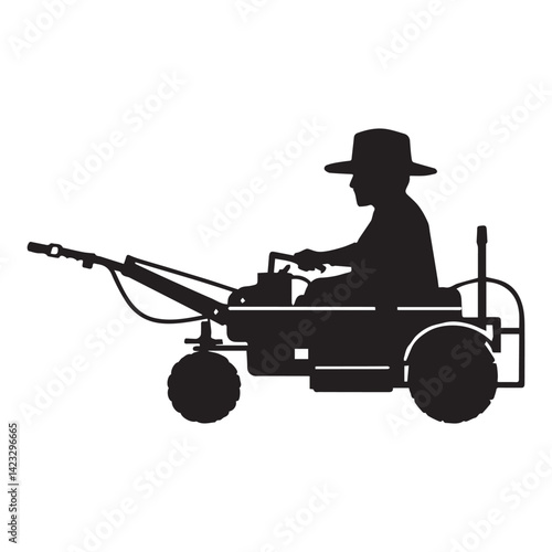 Black Silhouette of Farmer spay Machine isolated White Background.