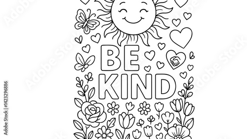 Be Kind floral outline coloring page with butterfly and smilling sun. Anti-stress Positive affirmations Coloring Book line art illustration