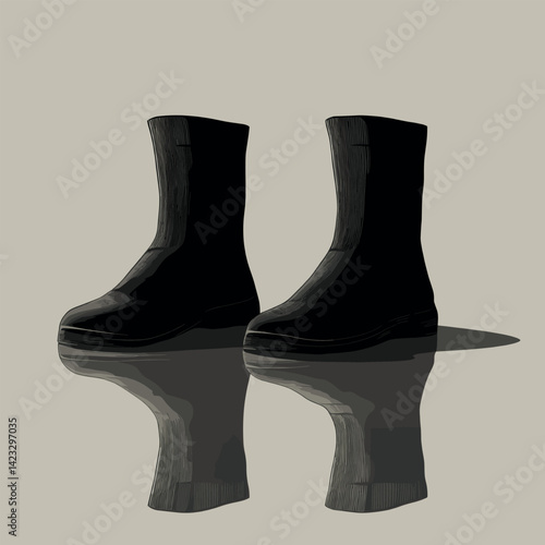 Black boots with reflection on beige background