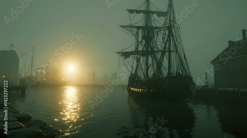 Wallpaper Mural Mystic Seascape: A Historic Sailing Ship Docked in a Fog-Laden Harbor at Dusk Torontodigital.ca