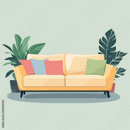 Cozy yellow sofa with colorful cushions and green potted plants in minimalist setting