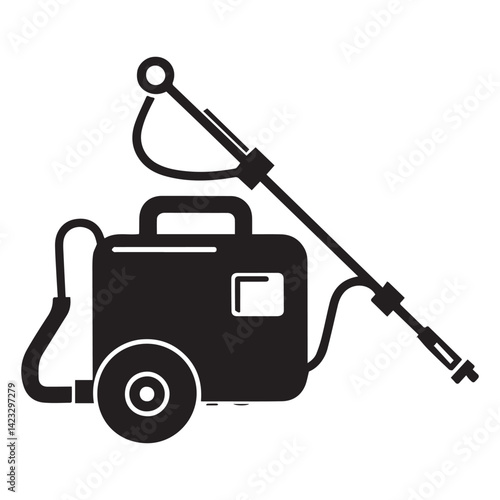 Black Silhouette of Farmer spay Machine isolated White Background.
