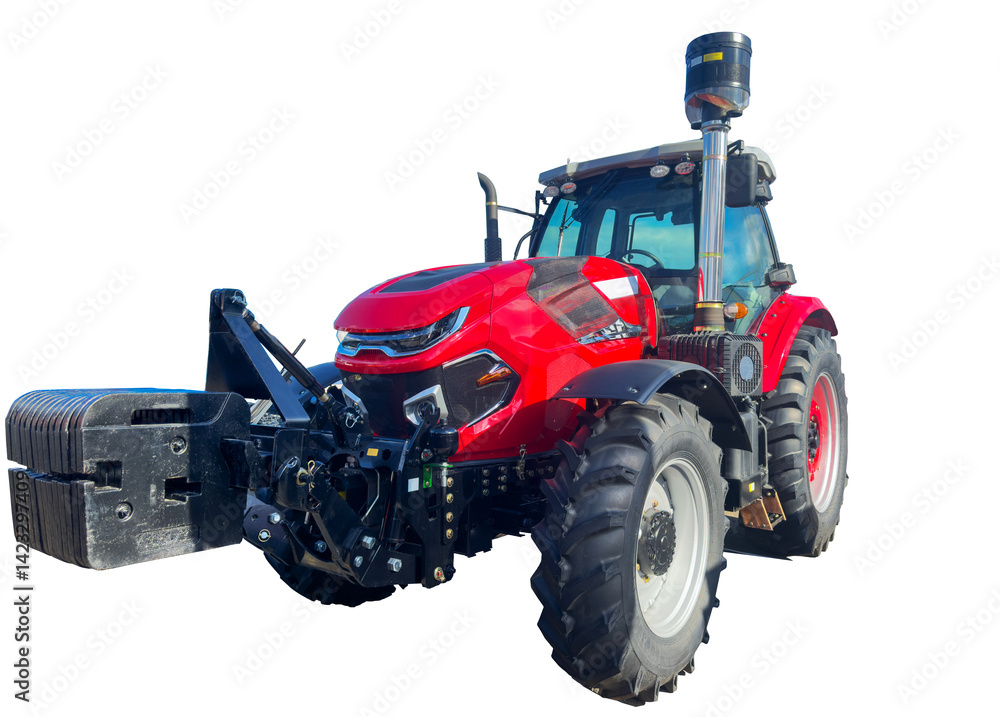 Obraz premium Farm tractor isolation on white background. Agricultural machinery. Red tractor background. Agricultural tractor for farm industry.