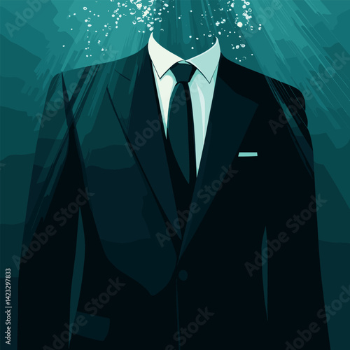 Surreal headless suit underwater with bubbles and rays of light