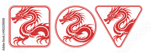 Vector set of graphic simple east asian red seals with wriggling mythical dragon. Icon collection. Square, circle and triangle. Mythological fairy tale legendary animal reptile. Isolated background