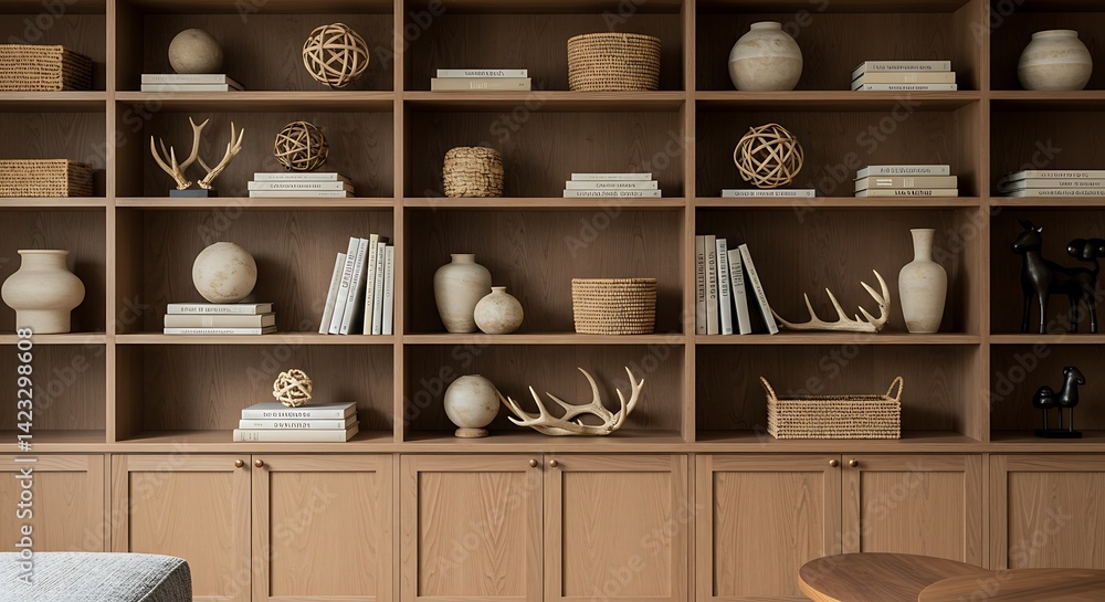 A curated collection of earthy tones and natural textures adorns a light oak bookcase, showcasing a serene and sophisticated home aesthetic with warm, inviting lighting. A curated collection of earthy tones and natural textures adorns a light oak bookcase, showcasing a serene and sophisticated home aesthetic with warm, inviting lighting.