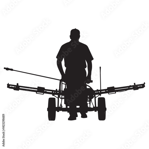 Black Silhouette of Farmer spay Machine isolated White Background.