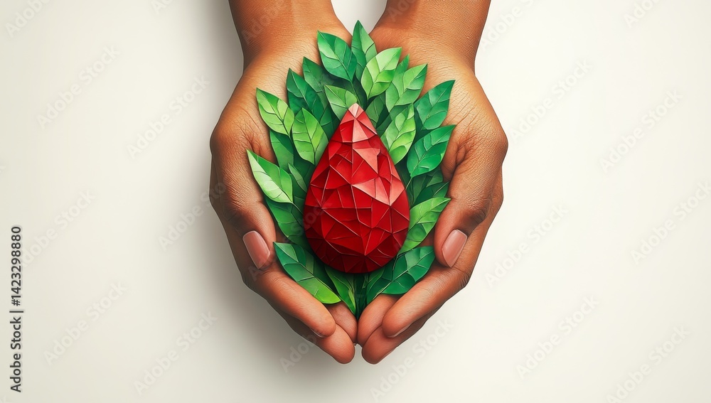 A simple digital illustration shows hands carefully holding a red blood drop surrounded by leaves, embodying concepts of donation, healthcare, and medical care A simple digital illustration shows hands carefully holding a red blood drop surrounded by leaves, embodying concepts of donation, healthcare, and medical care