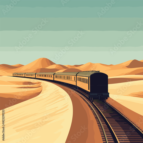 Vintage train travelling through desert landscape and sand dunes in warm light