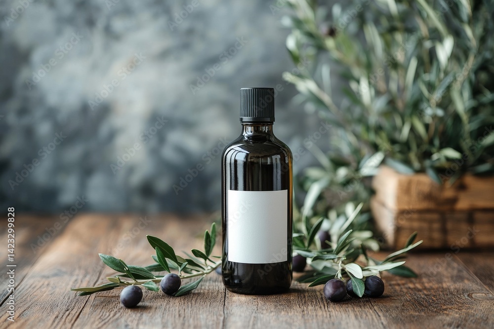 A bottle of olive oil adorned with branches and olives embodies freshness and natural beauty A bottle of olive oil adorned with branches and olives embodies freshness and natural beauty