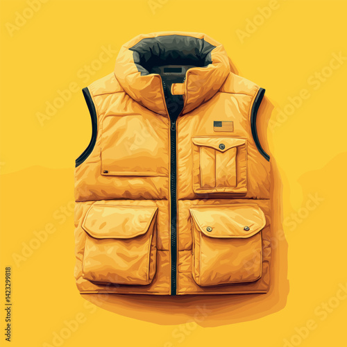Bright yellow quilted vest with pockets and american flag patch on yellow background