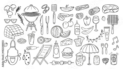 Bbq party doodle. Barbeque elements, meat steak, grill, plaid, burger, garden chair. Outdoor park picnic elements, isolated food and drinks, neoteric vector set
