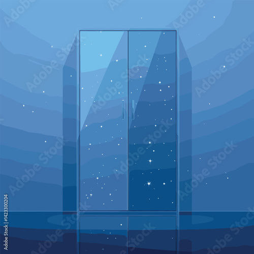 Elegant glass door with starry reflections and soft blue lighting