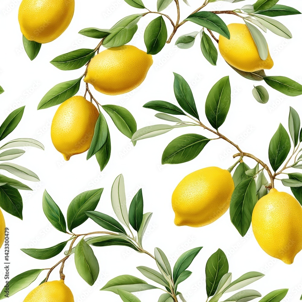 Seamless repeat pattern featuring hand-painted lemons in watercolor style, with olive branches and subtle splashes, yellow, olive green, and white, isolated on white background, Mediterranean summer Seamless repeat pattern featuring hand-painted lemons in watercolor style, with olive branches and subtle splashes, yellow, olive green, and white, isolated on white background, Mediterranean summer