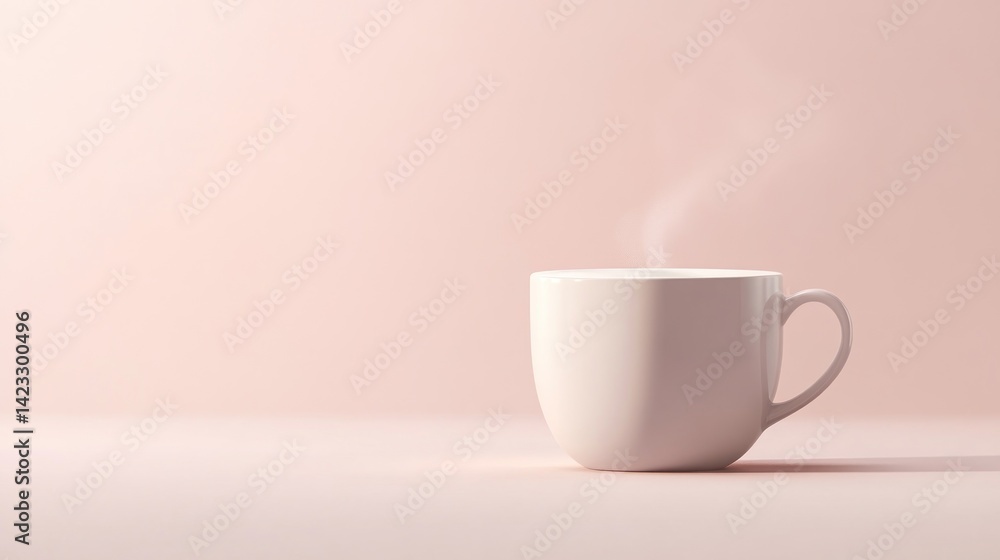 Simple white coffee cup with steam on a soft pink background Simple white coffee cup with steam on a soft pink background