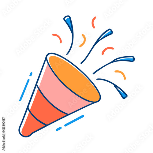 Party horn celebrating with colorful confetti on white background  