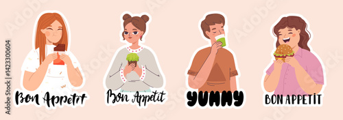People eating and drinking. Funny food partners stickers design. Bon appetit and yummy lettering phrases. Stylish young adults characters, vector set