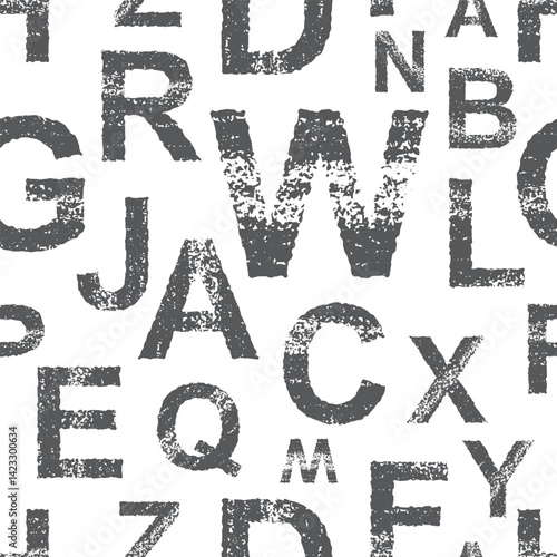 Letters seamless pattern. Grunge bold font on white background. Scattered letters of the English alphabet.