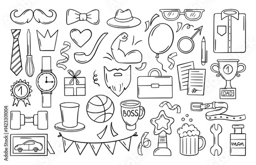 Fathers day doodle. Male items, glasses hat mustache beer tie. Sketch style drawing men accessories, work and hobby elements, neoteric vector set