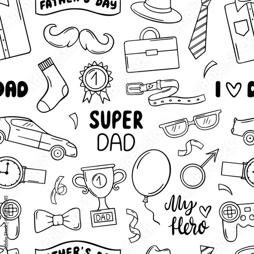 Doodle fathers day pattern. Male accessories and items, sketch car medal trophy ribbons and tie. Monochrome print design, neoteric vector background