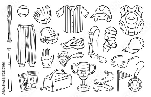 Baseball doodle items. Sport equipment for baseball play, competition or workout. Hand drawn helmet, sporty clothes, boots, ball and bat, neoteric vector set