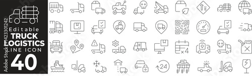 Truck Logistics Icon Set: A Line Icon Collection Featuring Transport, Delivery, Shipment, Cargo, Freight, and More