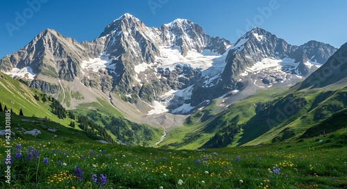 Wallpaper Mural Snow Capped Mountain Peaks with Wildflower Meadow Landscape Torontodigital.ca