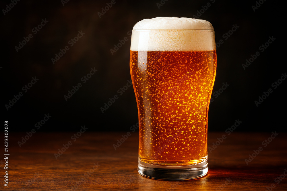 Pint of golden beer with foamy head on wooden tabletop against dark background for beverage branding and advertising concept mockup template.