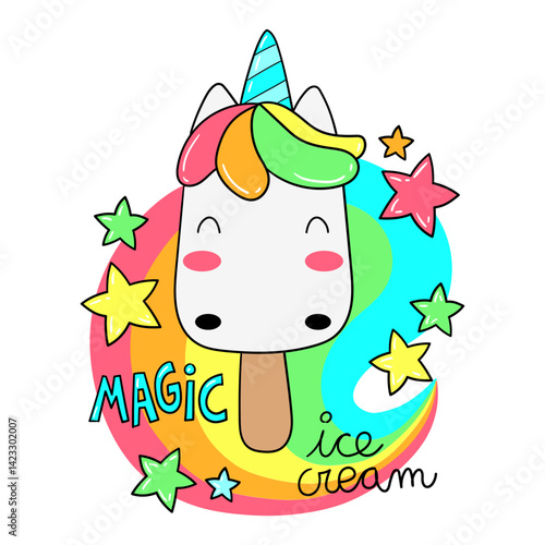 Color illustration of an ice cream unicorn with sweet candy stars and smiling on a rainbow background, design for a T-shirt.