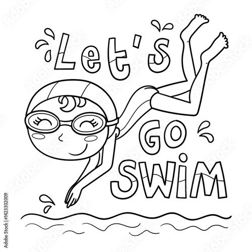 Illustration in black and white of a smiling little girl swimming in the pool, coloring page