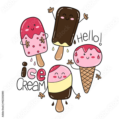 Color illustration of four ice creams of different flavors: vanilla, strawberry, and chocolate, all very smiley and sweet, design for a T-shirt.