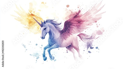 Magical unicorn with wings, vibrant colors, watercolor style
