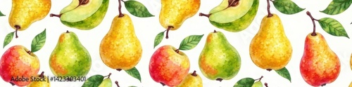 Watercolor pears seamlessly repeat; lush, juicy fruit background , sweet, seamless