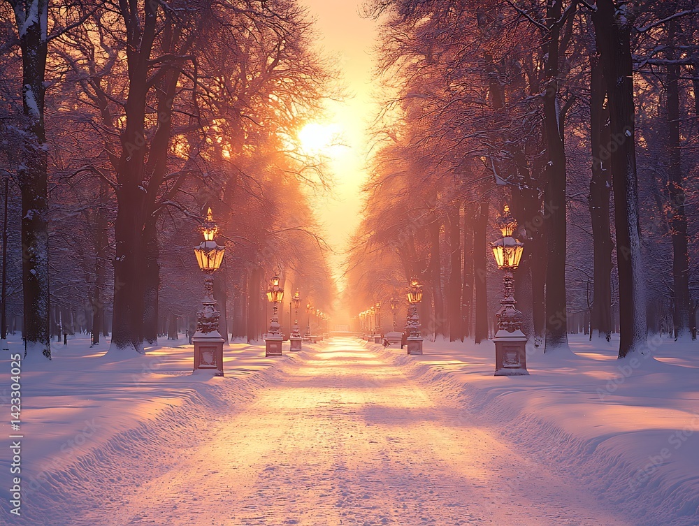Winter park path at sunset