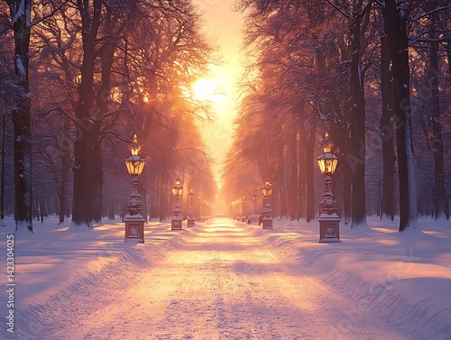 Obraz na płótnie Winter park path at sunset w salonie