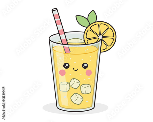 Cute Lemonade Drink with Straw and Ice Cubes  