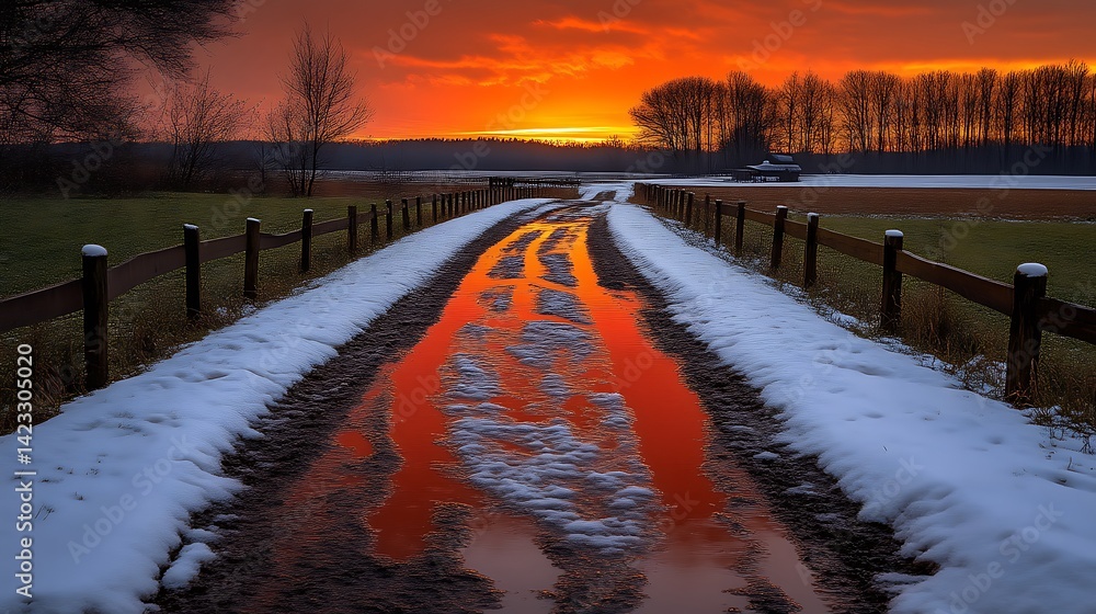 Winter Sunset Country Road Reflection