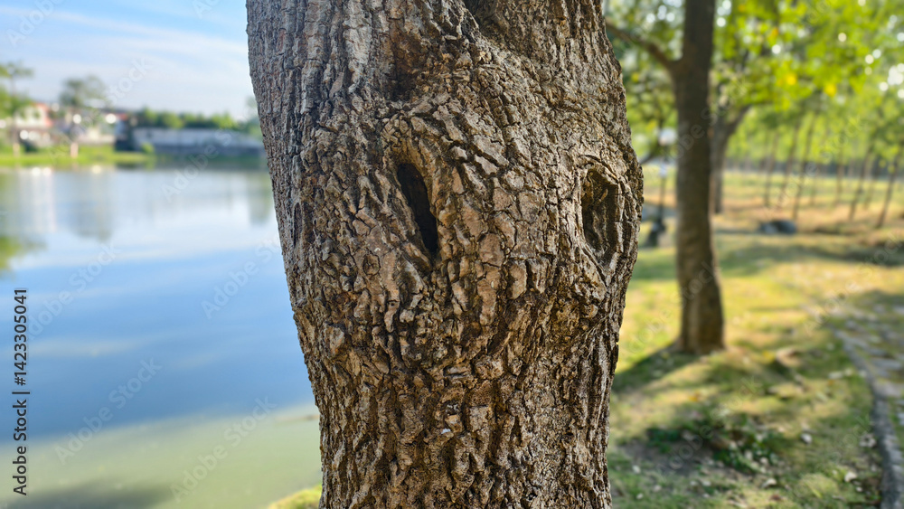 Fototapeta premium Textured Tree Trunk by Water Body