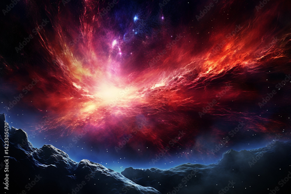 A vivid and captivating image of a celestial event, where twin comets arc across a nebula-drenched sky, converging near a radiant supermoon, casting prismatic light over a crystalline mountain range b A vivid and captivating image of a celestial event, where twin comets arc across a nebula-drenched sky, converging near a radiant supermoon, casting prismatic light over a crystalline mountain range b