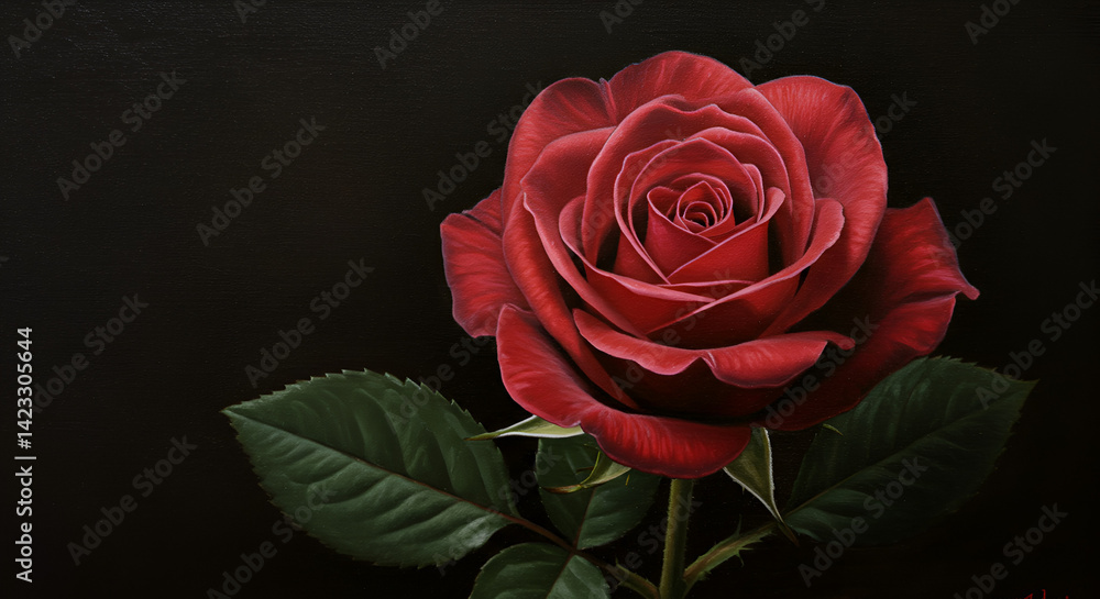 Naklejka premium Detailed painting of a single crimson rose