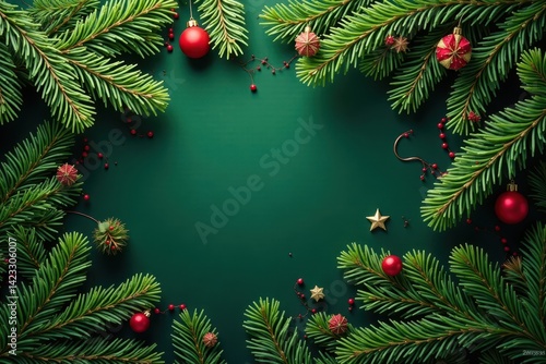 Intricate Xmas conifer branch pattern, ornate green design , print, poster