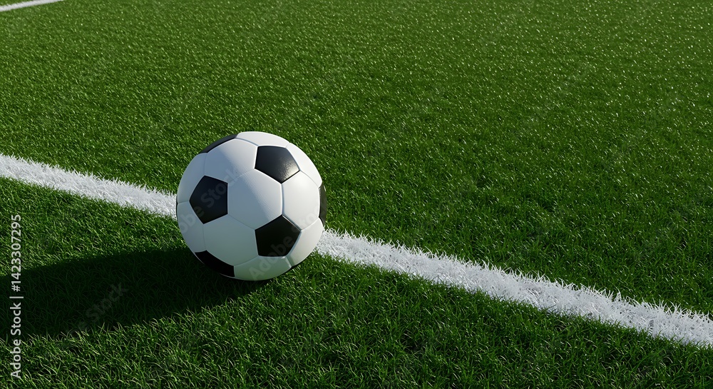 Soccer Ball Resting on Green Field with White Line Soccer Ball Resting on Green Field with White Line