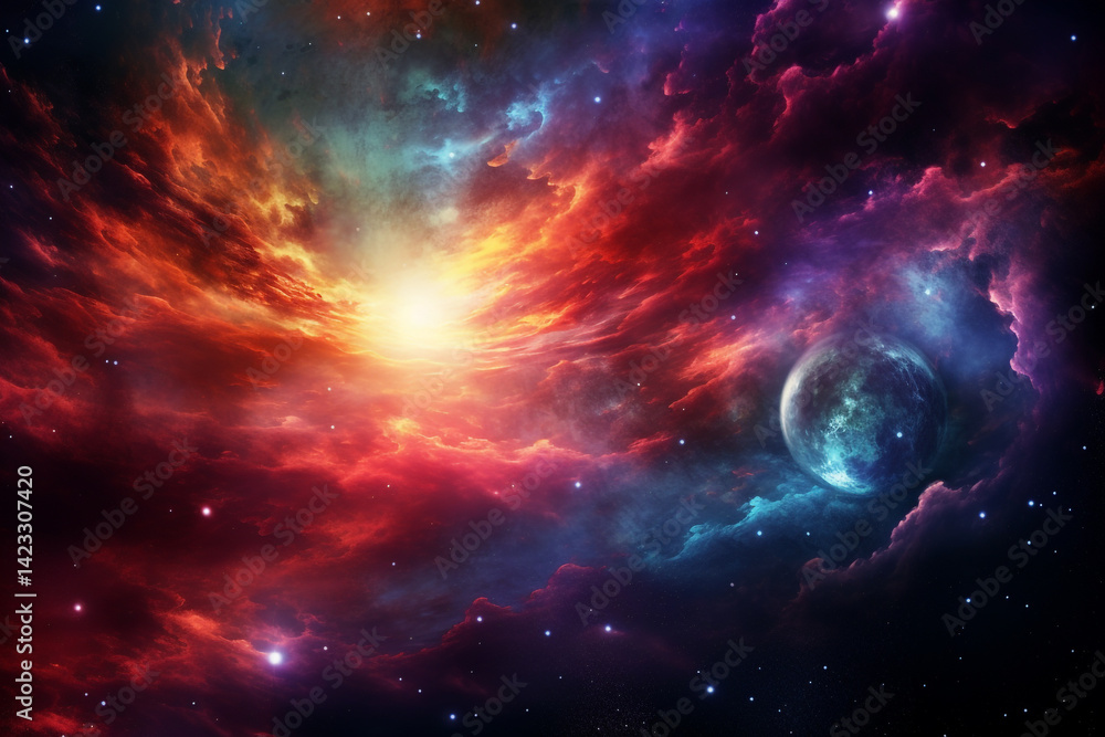 Fototapeta premium A vivid and captivating image of a celestial event, where twin comets arc across a nebula-drenched sky, converging near a radiant supermoon, casting prismatic light over a crystalline mountain range b