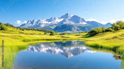 Snow-capped mountain range reflecting in a calm blue alpine lake surrounded by vibrant green grassy meadows under a clear sunny sky.